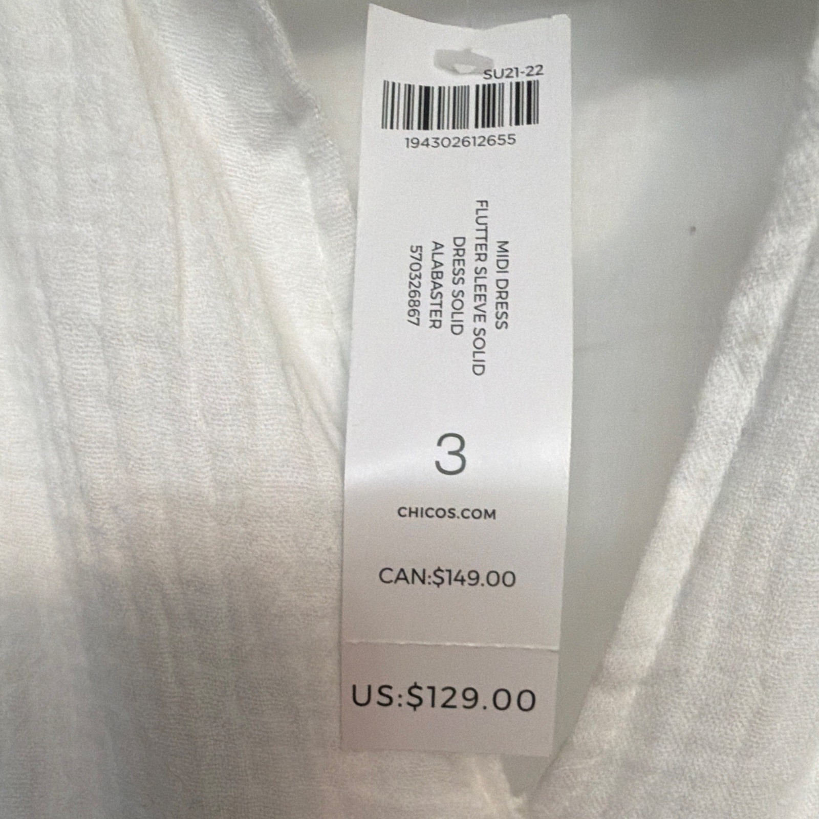 Chico’s White Solid Midi Shift Dress V-Neck Flutter Sleeve Eyelet Cotton 3