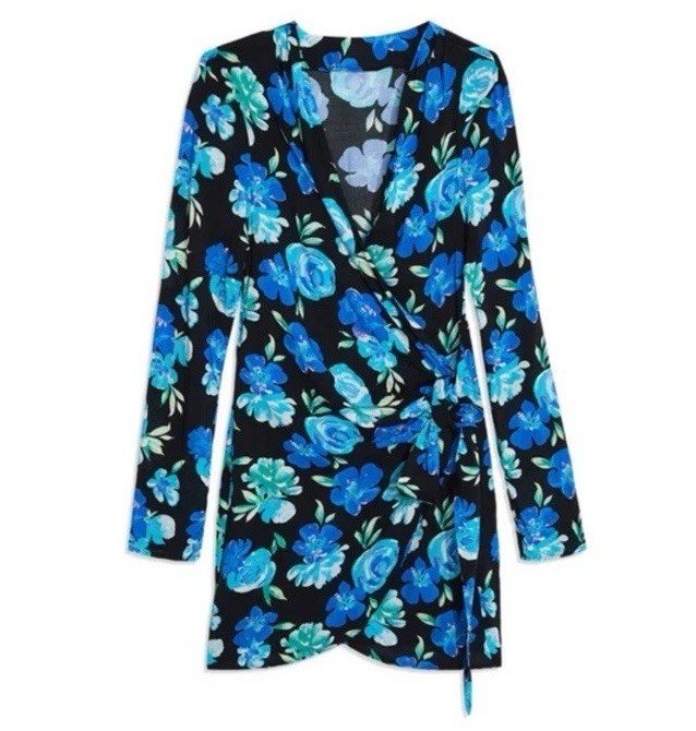 NWT WeWoreWhat Blue Black Cowl Neck Wrap Mini Dress, Size Medium
