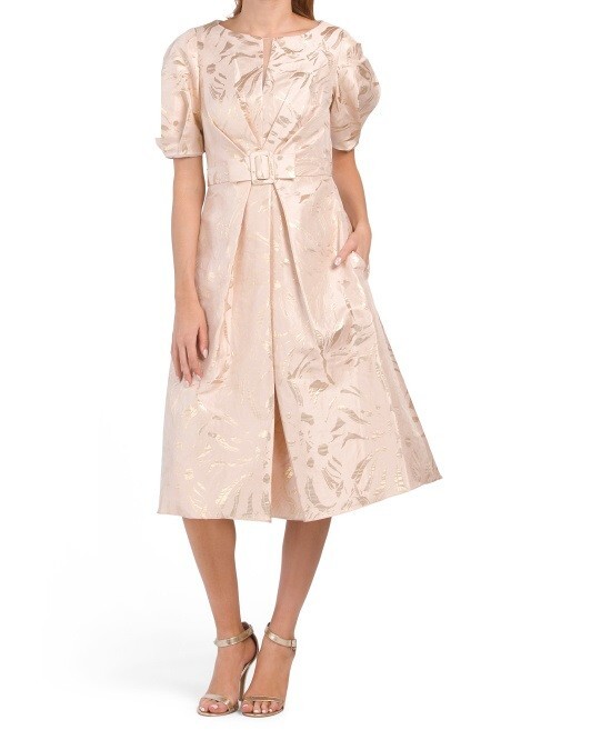 TERI JON Puff Sleeve Self Belt Metallic Jacquard Dress (size 20)