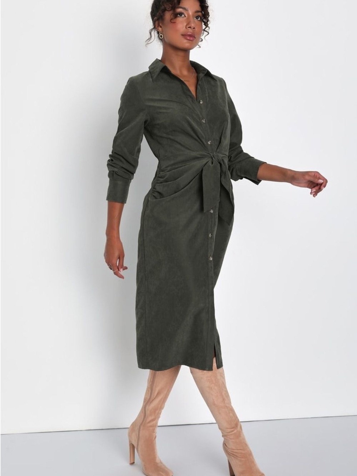 Lulus Autumnal Views Olive Green Suede Button-Up Tie-Front Midi Dress SizeXS NWT
