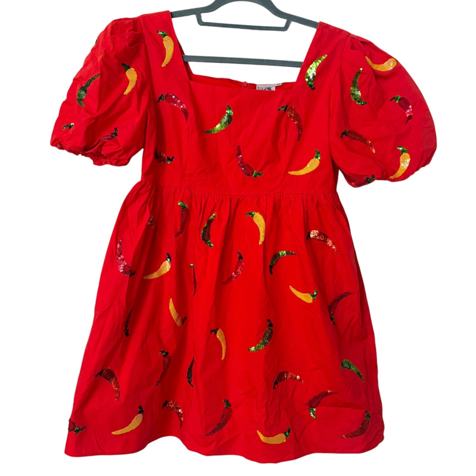 Queen of Sparkles Womens M Mini Dress Red Sequin Chili Pepper Puff Sleeve Cotton