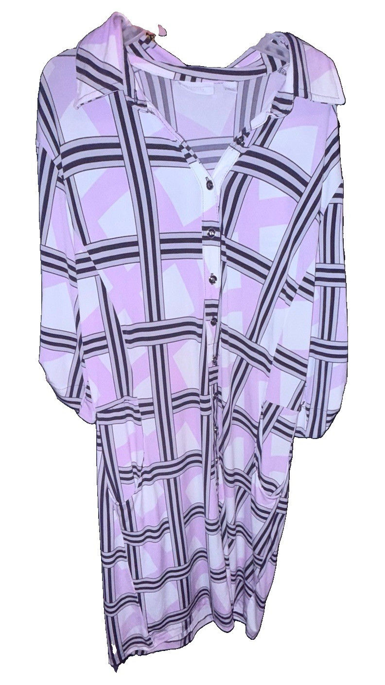 New York & Company Purple Geometric Shirt Dress V-Neck 3/4 Sleeve