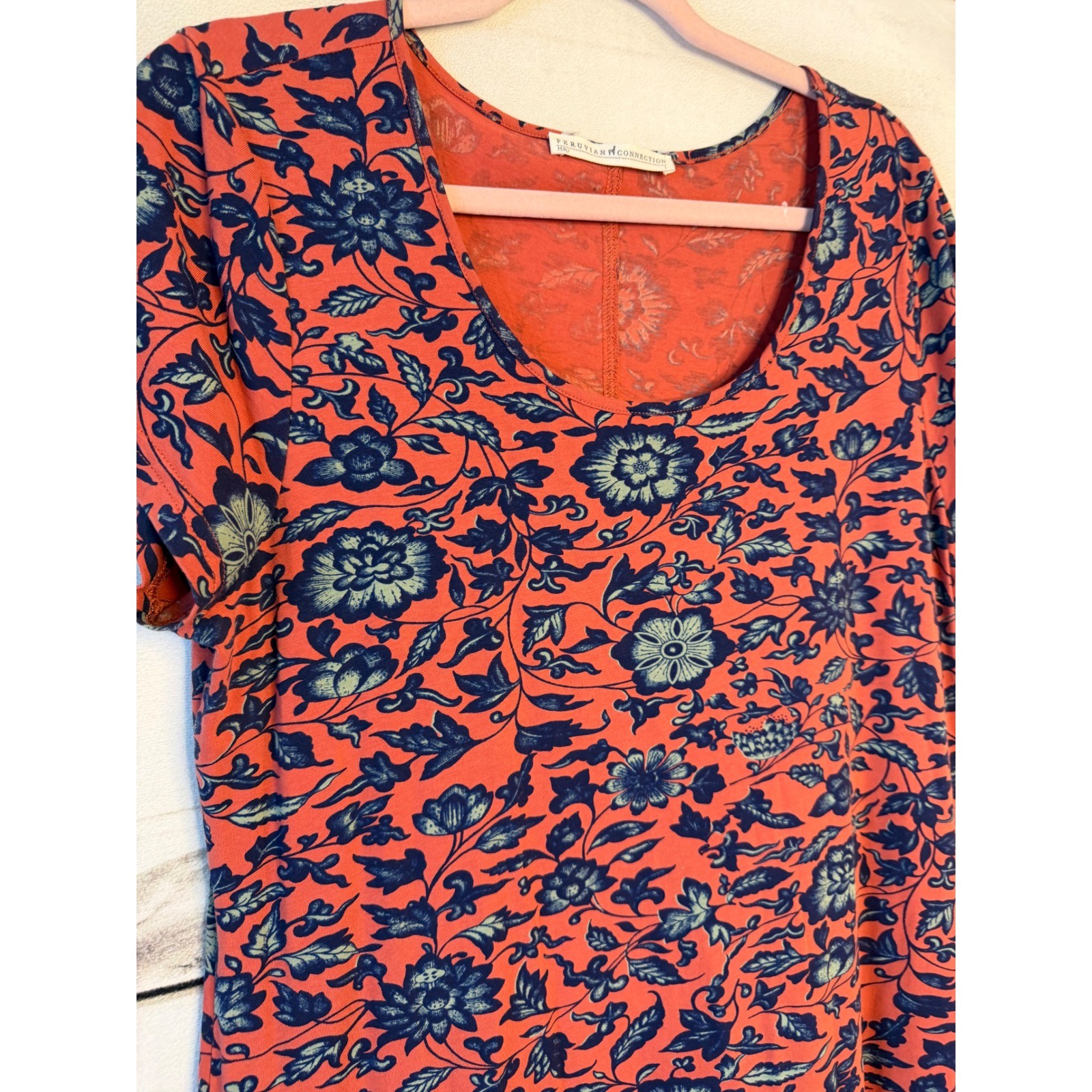 Peruvian Connection Womens Large Floral Cotton Lycra Midi Dress Orange Navy Blue