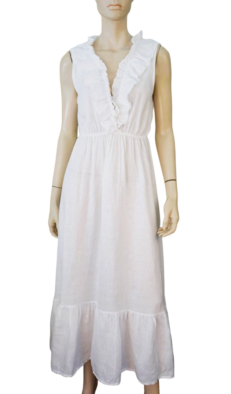 MEO MELI Ruffle Neck White Linen Maxi Dress ONE SIZE fFits Most