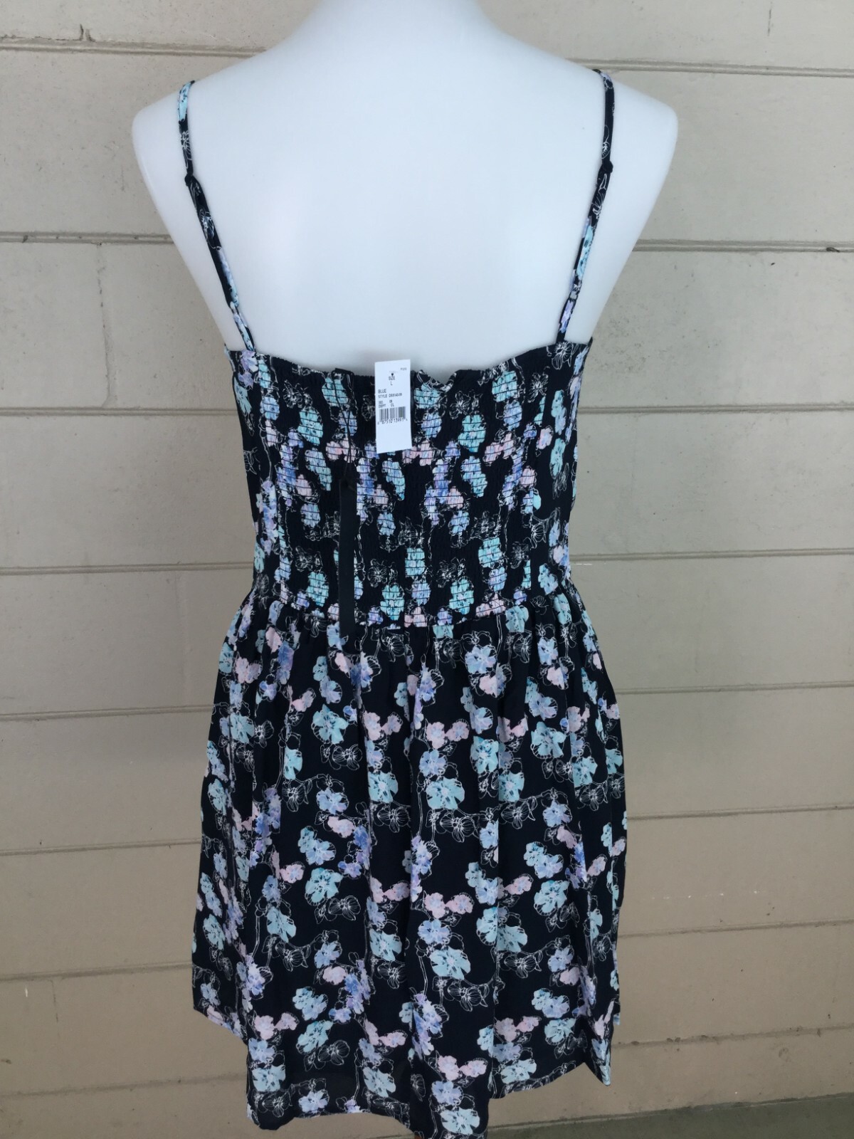 Eclair Blue Floral Dress Smocked-Back Size Large Navy Fit & Flare Beach Sundress