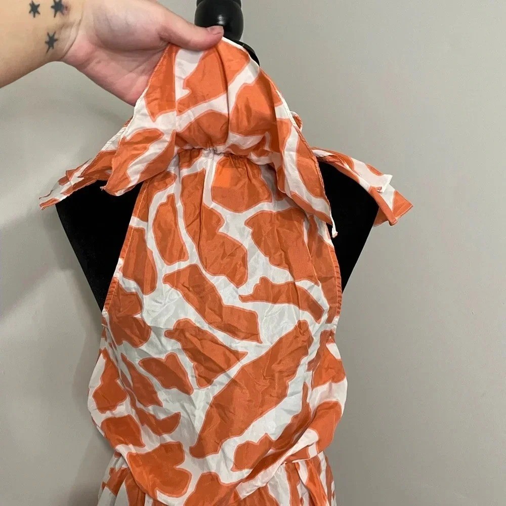 Ann Taylor Loft 100% Silk Coral and White Geometric Ruffle Sleeve Mini Dress
