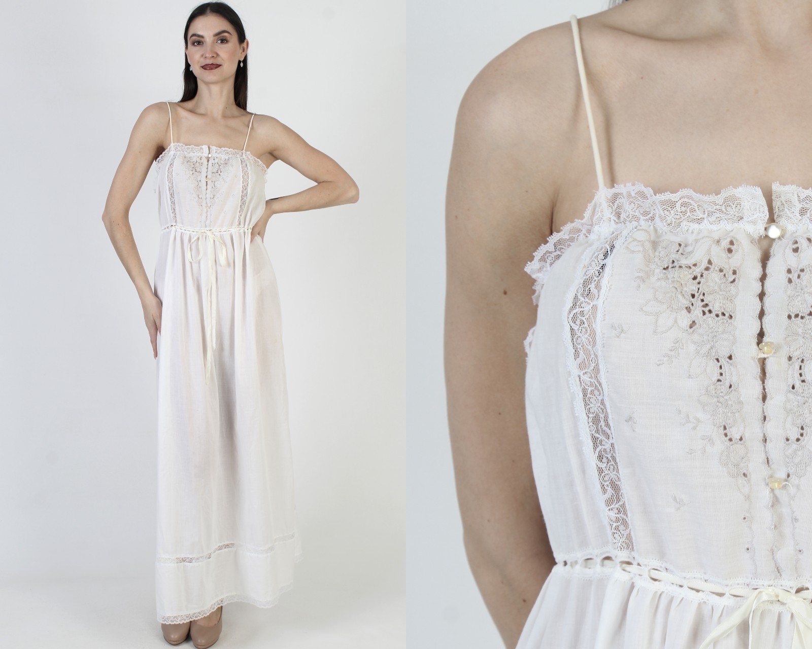 Vtg 70s Sheer Embroidered Eyelet Dress Belted Long Victorian Prairie Sundress