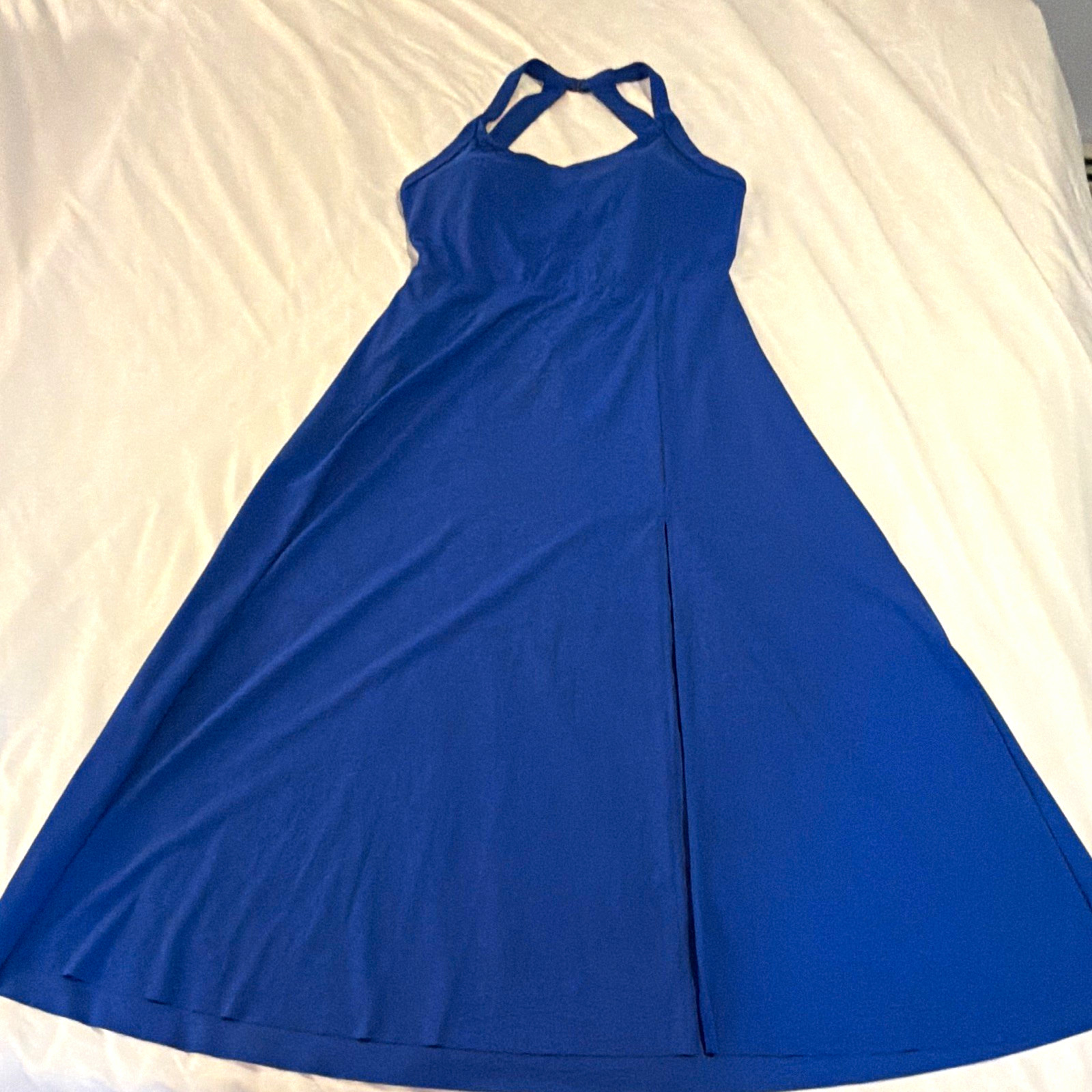 Halara Blue zip-pocket, twist back midi with built-in bra & front slit