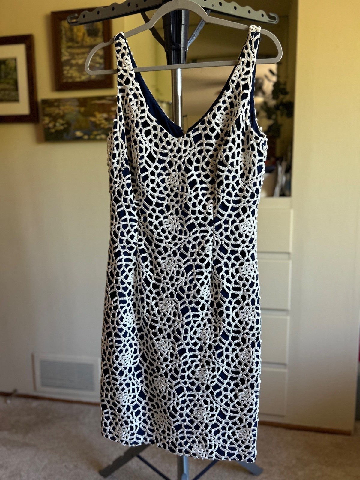Ralph Lauren cream lace over navy sleeveless v neck dress