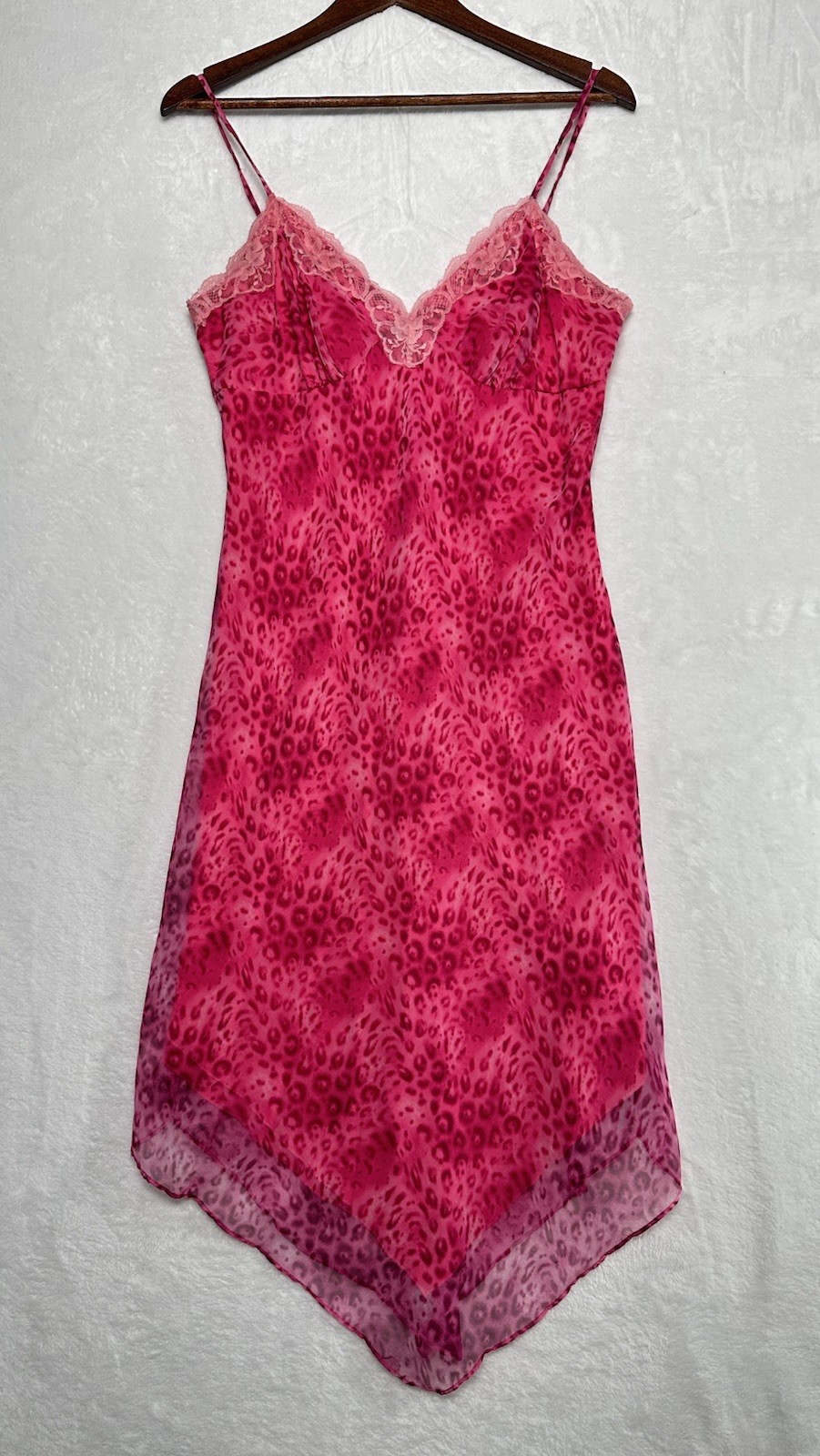 Vintage 90s Express Slip Dress Midi Size 9 Pink Cheetah Print Lace Made In USA