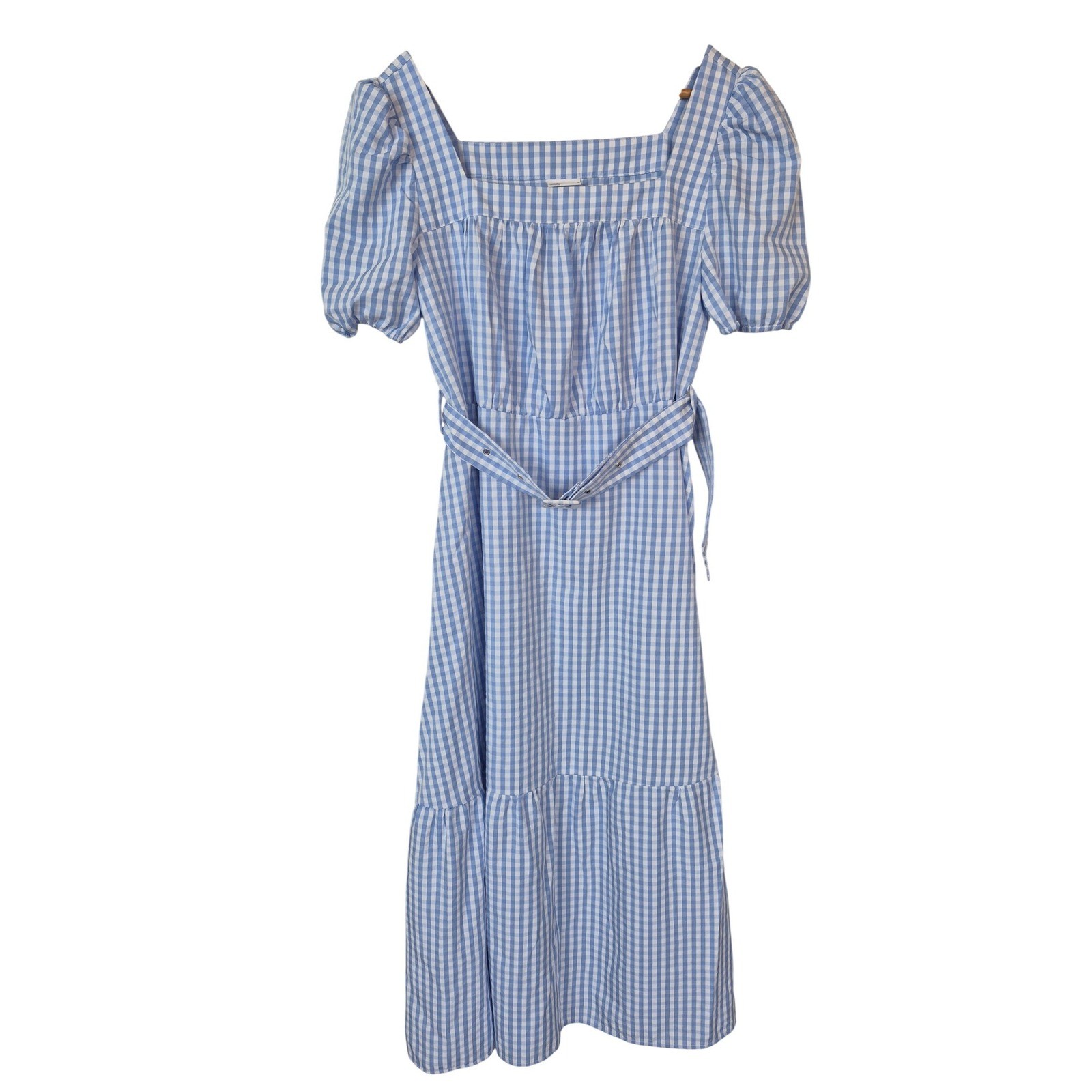 Vila Blue Gingham Maxi Belted Dress Square Neck Puff Sleeve Size US 8