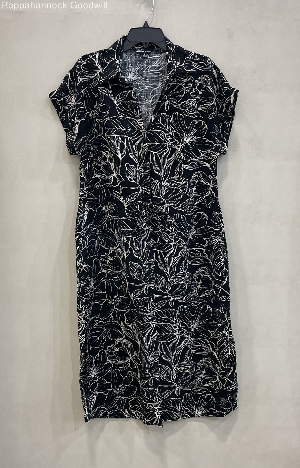 Jewel Badgley Mischka Women’s Black White Floral Shirt Dress Tie Waist Sz L
