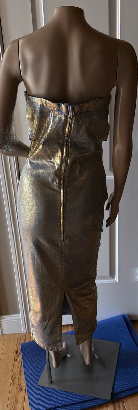 AKIRA Label Im Gold Denim Coated Midi Dress Back Zip Women’s Size L Multi