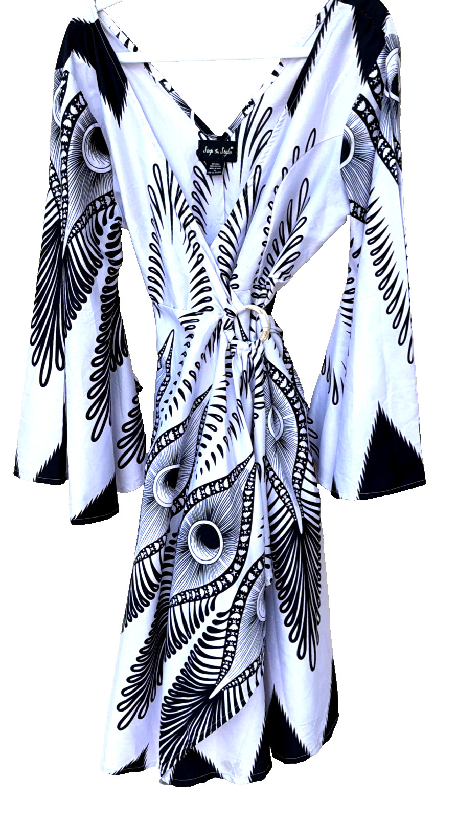 Step In Style Black & White Abstract Peacock Wrap Dress M NEW