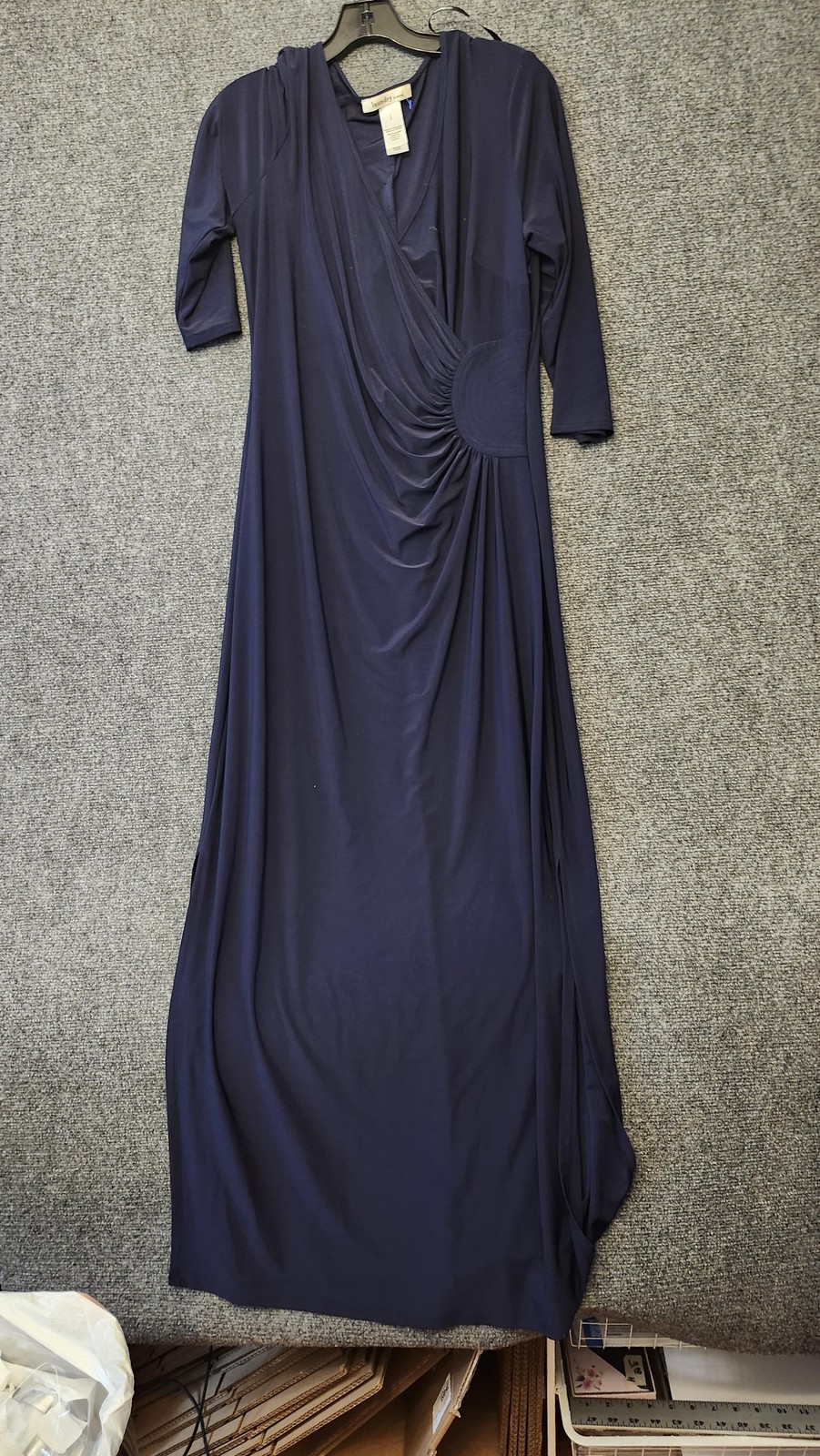 Laundry By Design Dress Womens L Navy Ruched Wrap Maxi Jersey V Neck 3/4 Sleeve