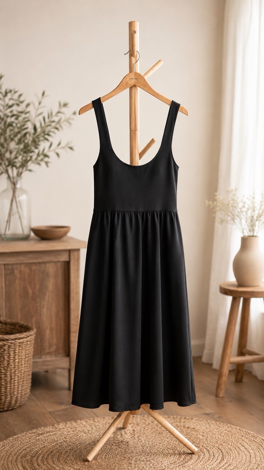 Neuflora Black Linen Midi Dress Women’s L Scoop Neck Stretch Bodice Pockets
