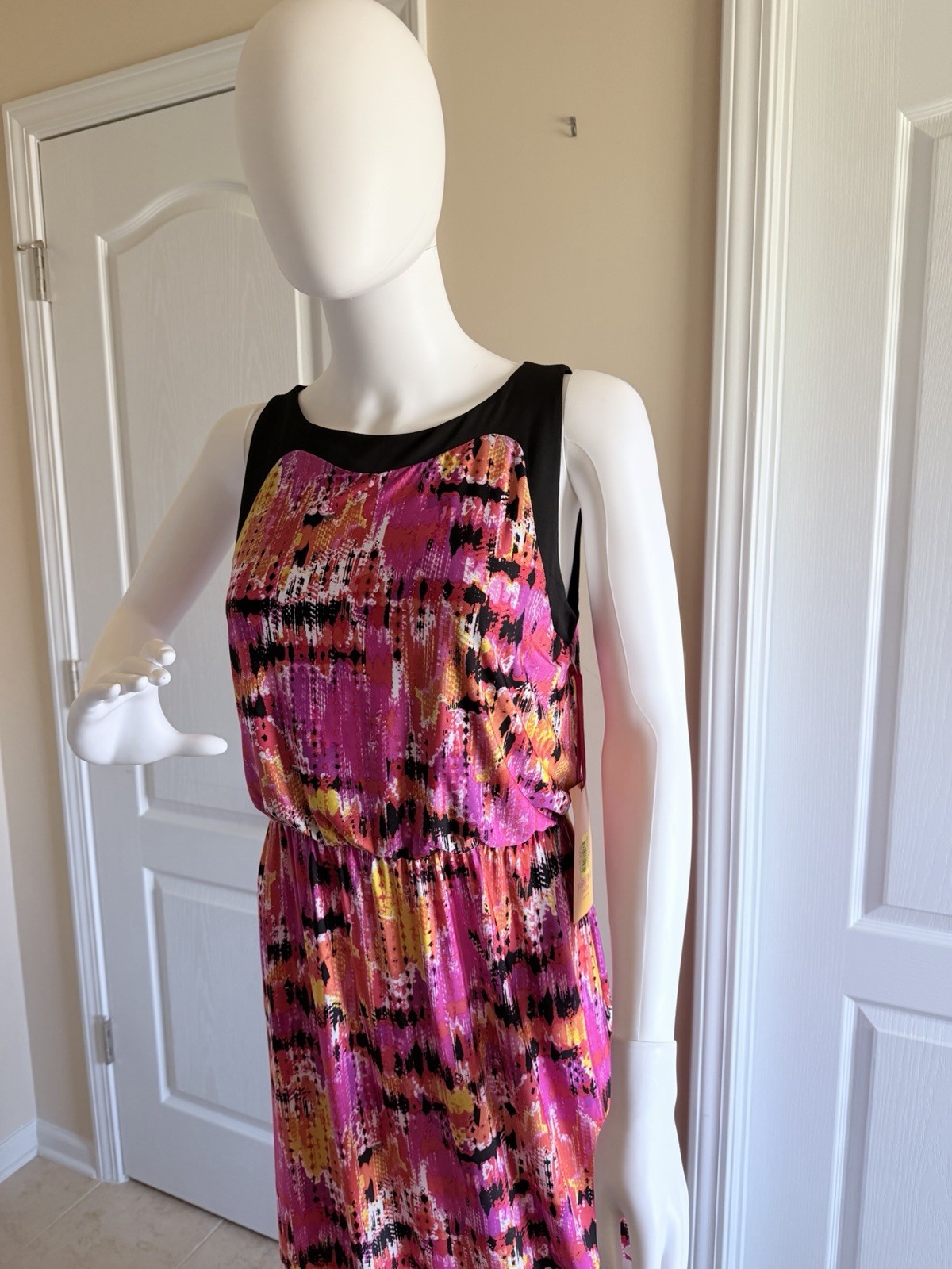 NWT $68 Pink Multi-Color Printed Maxi Summer Dress with Black Trim Size PS