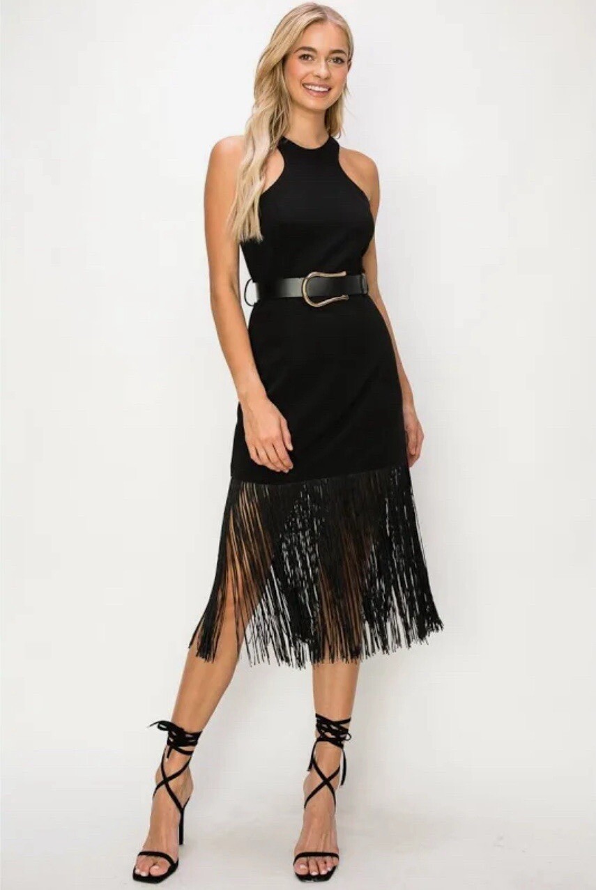 INA Stretch Buckled Belt Trim Fringed Midi Dress Size Large NWT