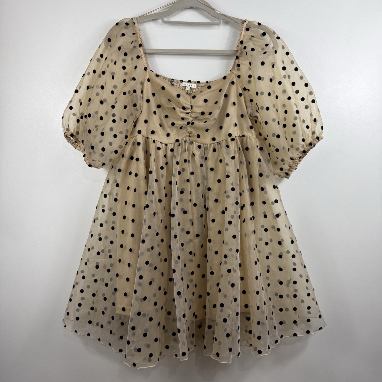 Tan Sheer Mesh Black Velvet Polka Dot Baevely Babydoll Dress Medium Smocked