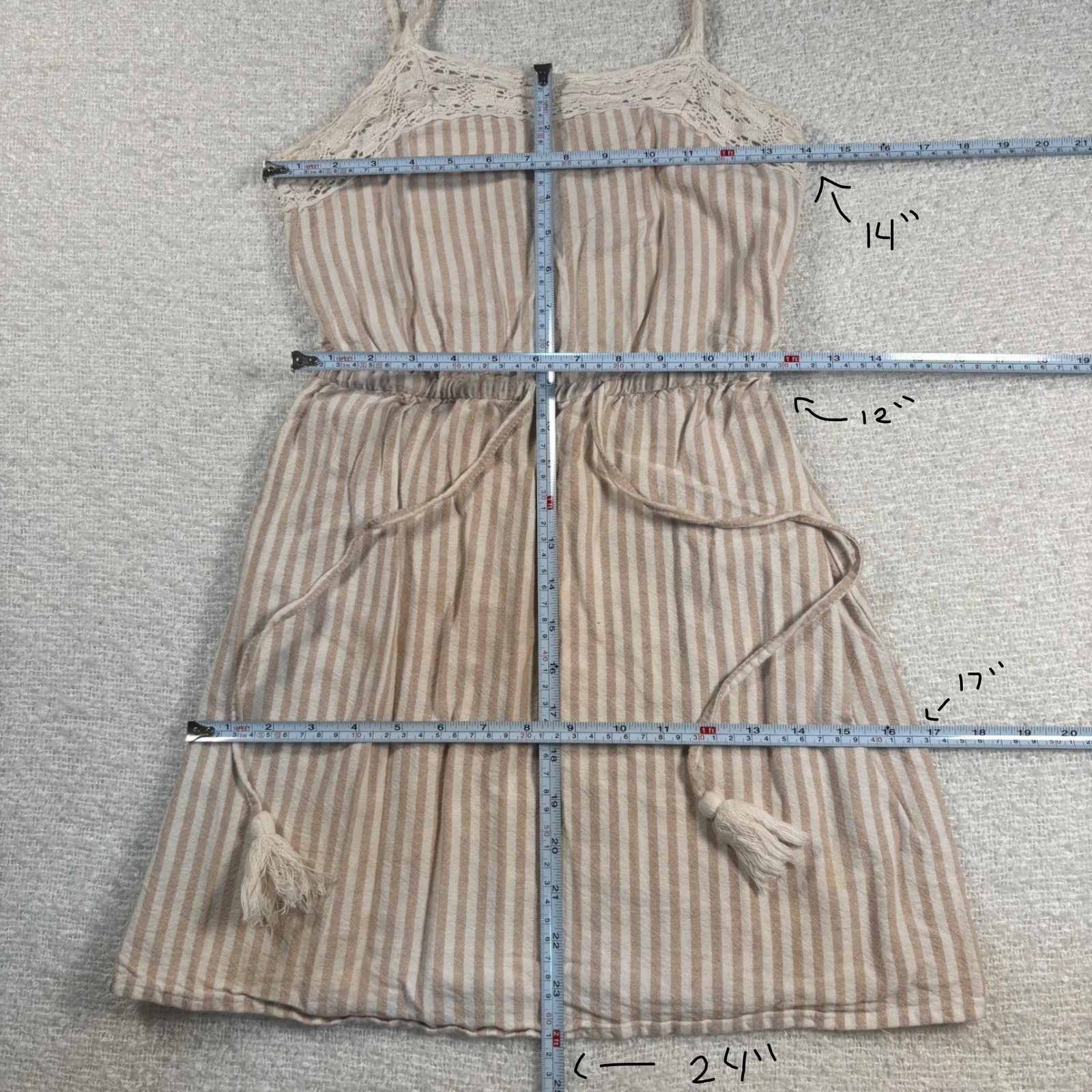 derek heart tan white striped dress crochet lace cottage fairy whimsy boho beach