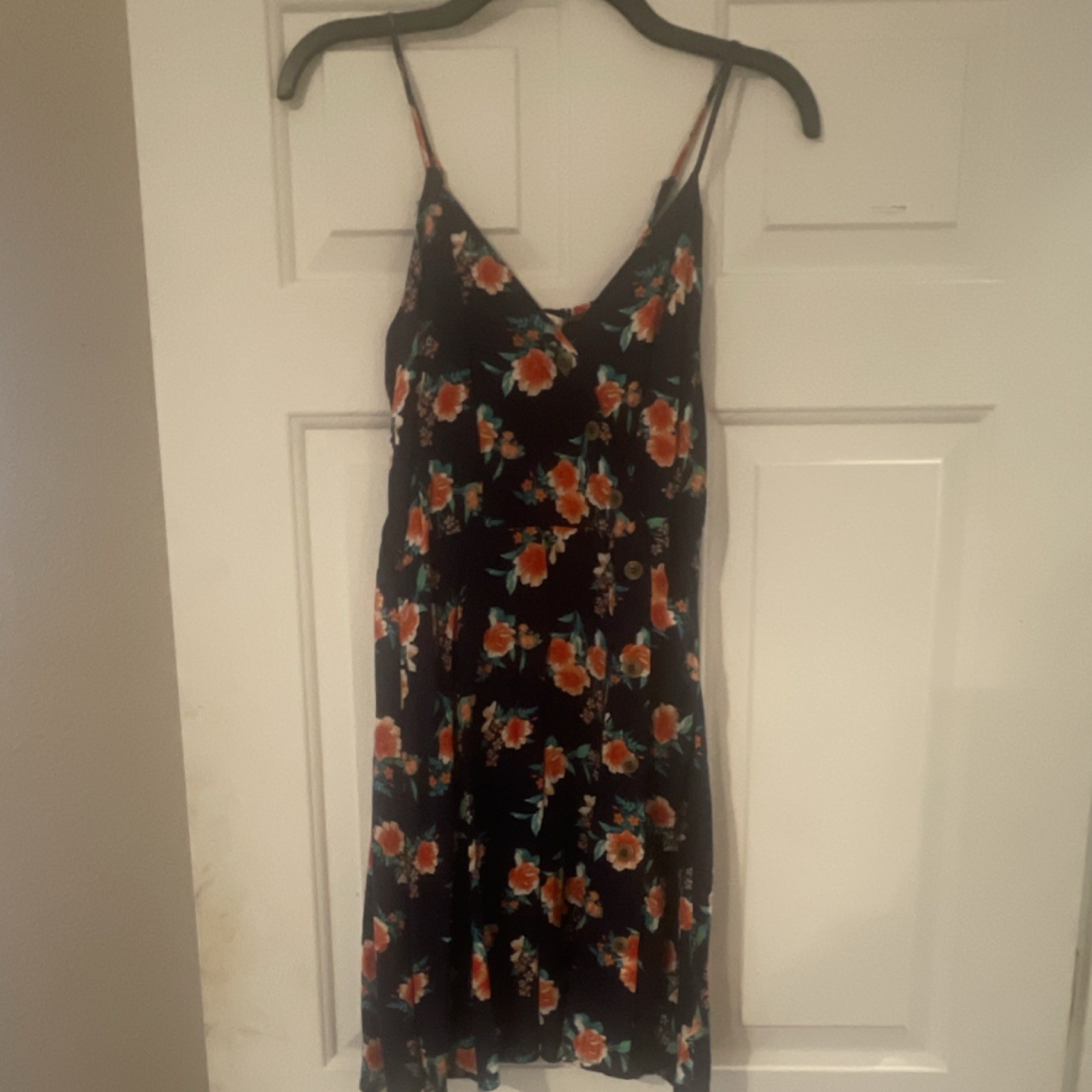 Wishful Park Navy Orange Floral Button Strappy V-Neck Short Sundress Women S