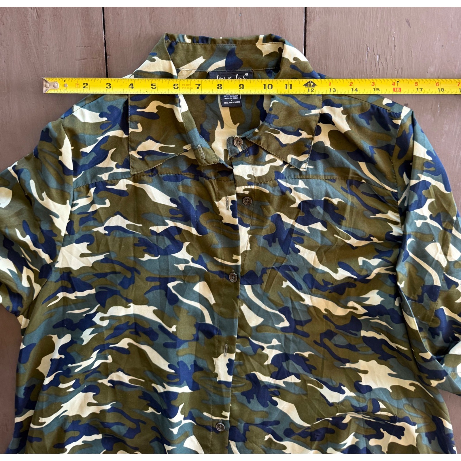 Step In Style Camo Button Down Shirt Dress Longline Tunic Green Blue Large L