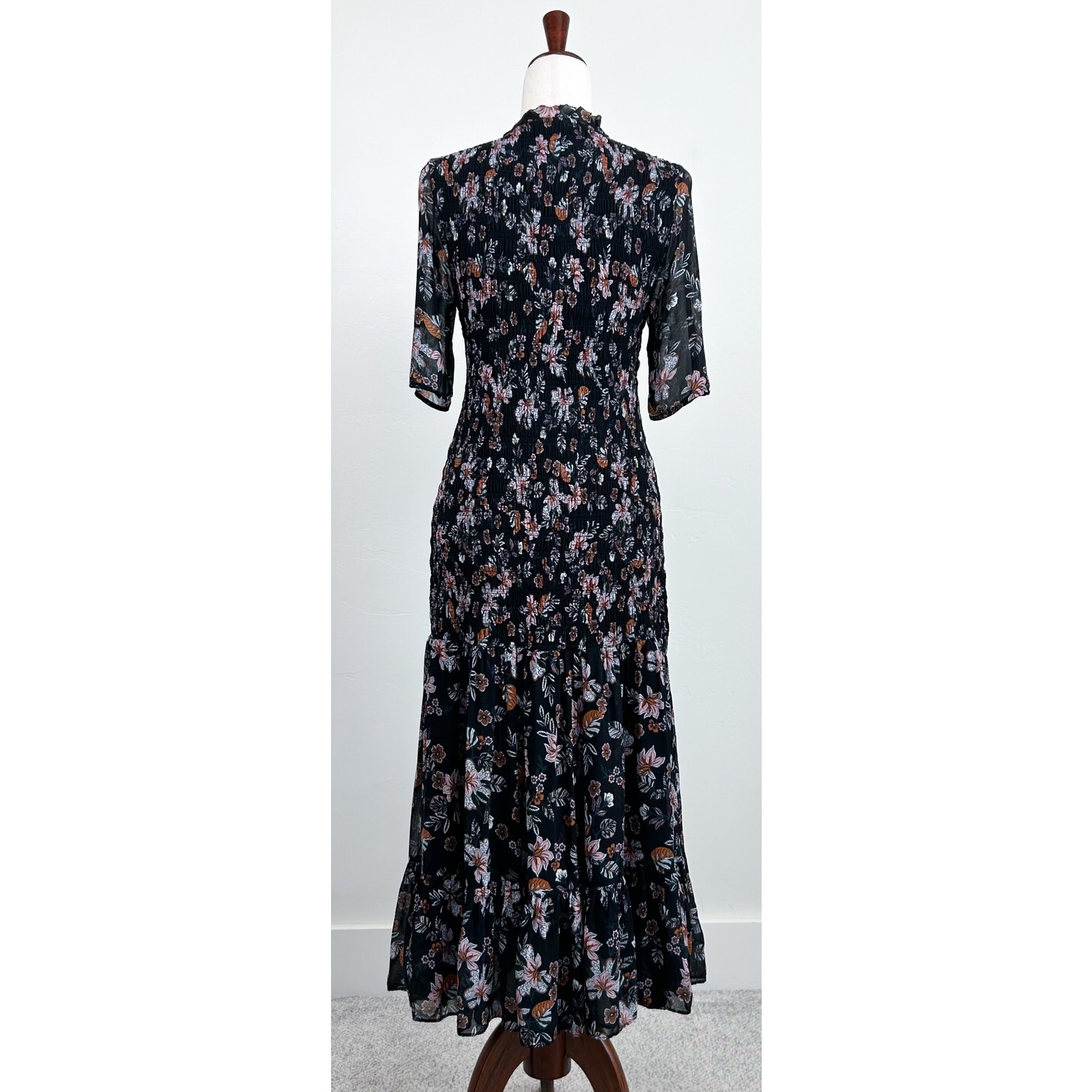 Veronica Beard Gabi Black Floral Chiffon Drop Waist Smocked Midi Dress SIZE 6