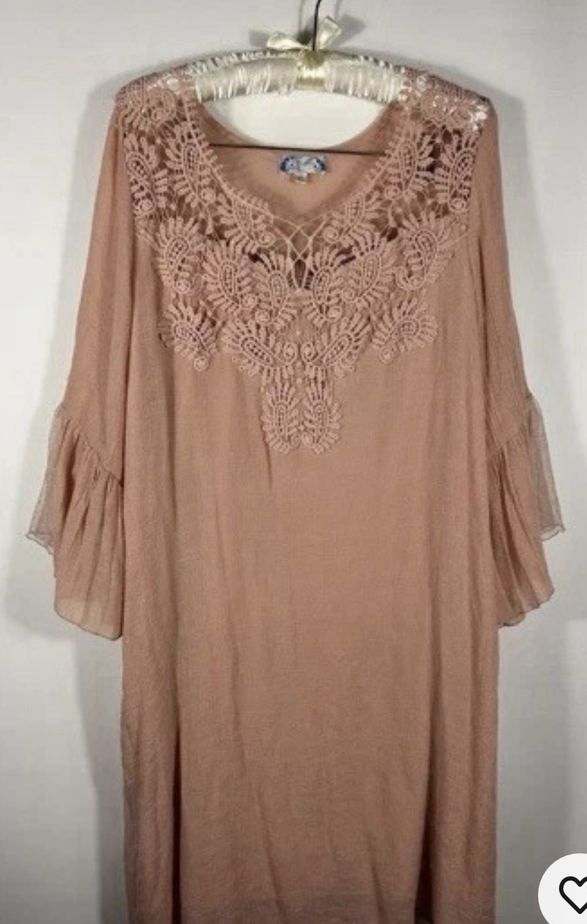 Boho Dress Women’s J. Gee Peach Flounce Sleeves With Lace Crochet Neckline Large