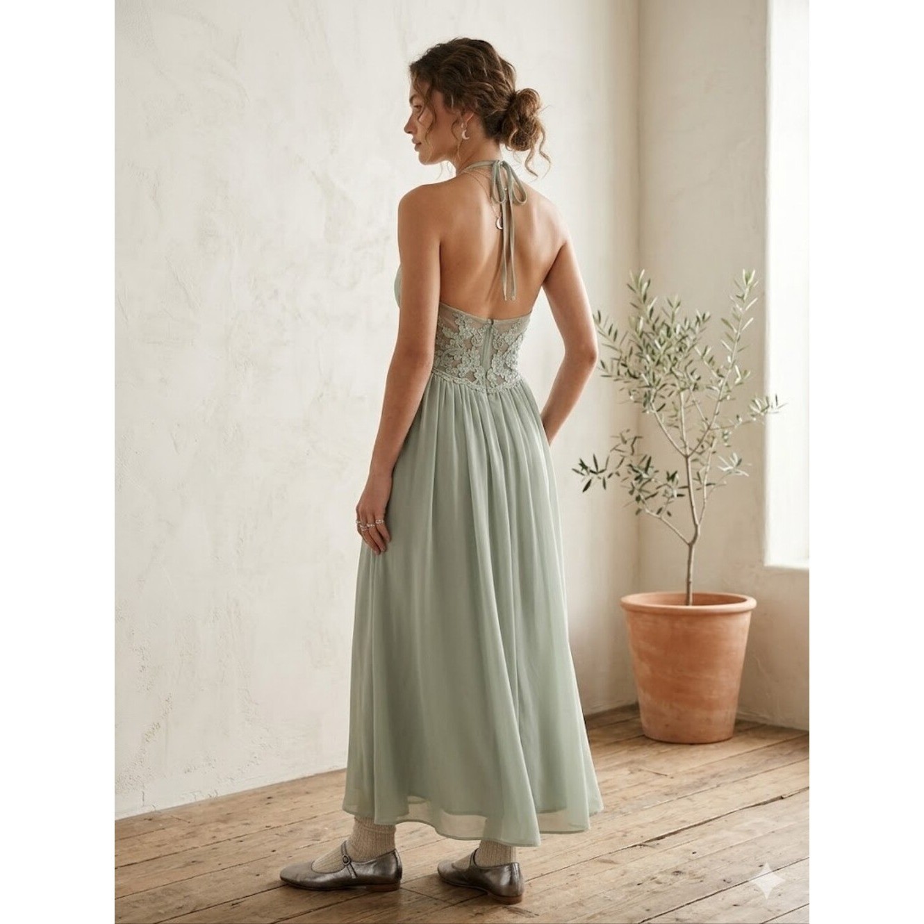 Azazie Dusty Sage Green Chiffon Ruched Bodice Lace Back Maxi Dress Size 10 (A12)