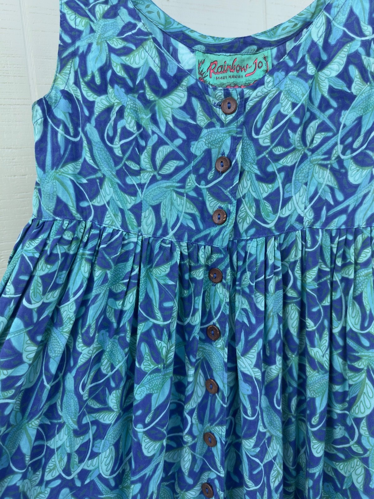 Rainbow Jo Blue Green Turtle Print Button Down Pleated Dress Size XS 17″x36″