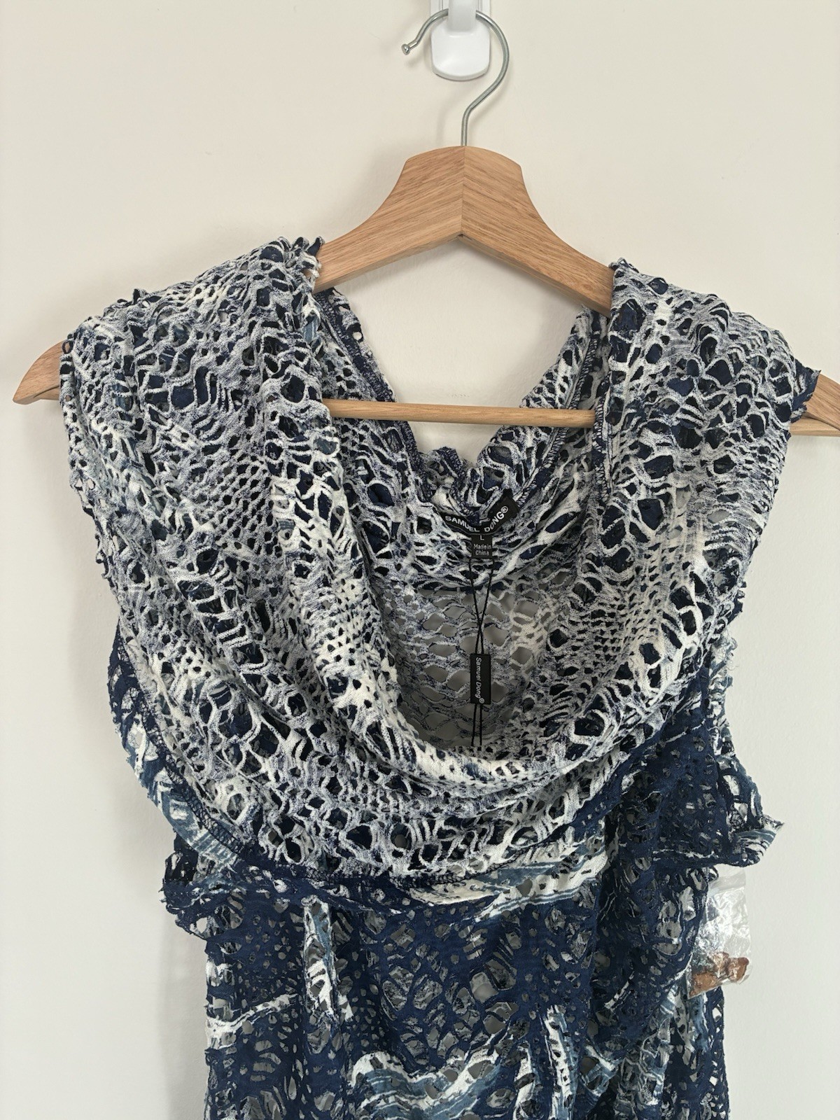 Samuel Dong Mini Dress Large Blue Open Knit Cowl Neck NWT Beach Coverup