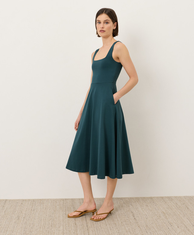 PACT Organic Fit & Flare Square Neck Dress, Deep Aqua