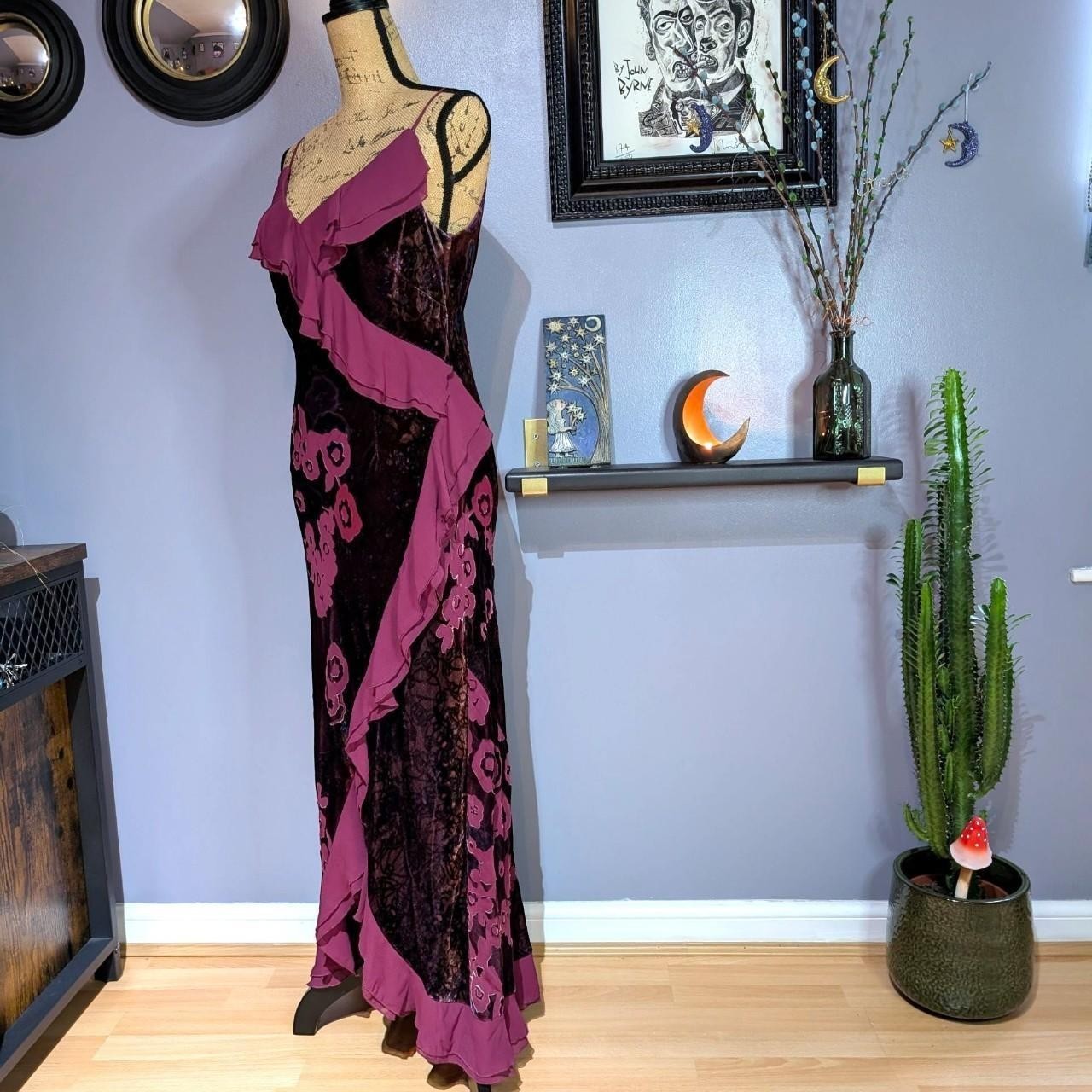 Vintage 90s Monsoon Burgundy & Purple Velvet Devore Midi Dress