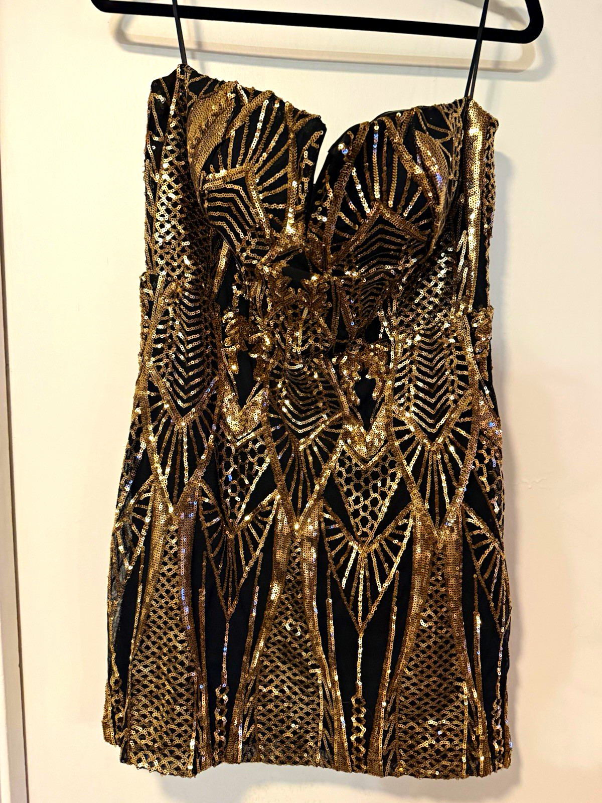 Fashion Nova Black/Gold Sequin Mesh Strapless Sweetheart Mini Dress 1X