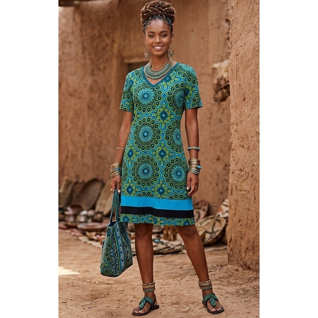 Lunieva T-Shirt Dress Women XL Blue Green Mandala Cotton Handmade Nepal Boho