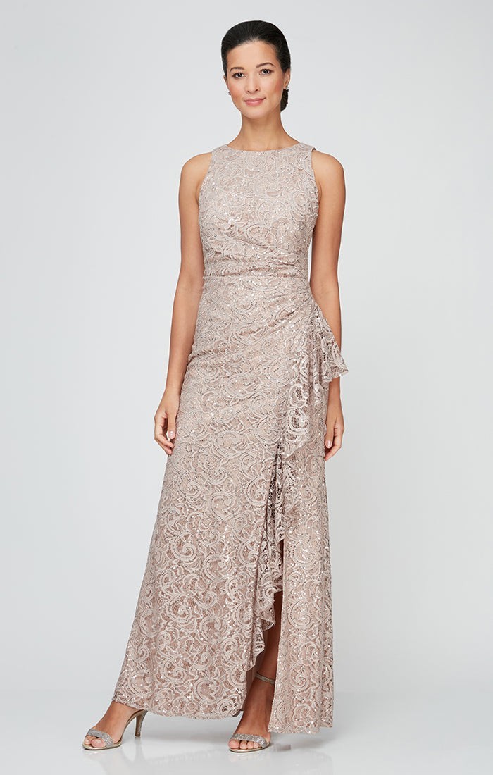 Alex Evenings Sequin Lace Cascading Ruffle Gown Buff Size 8 $219