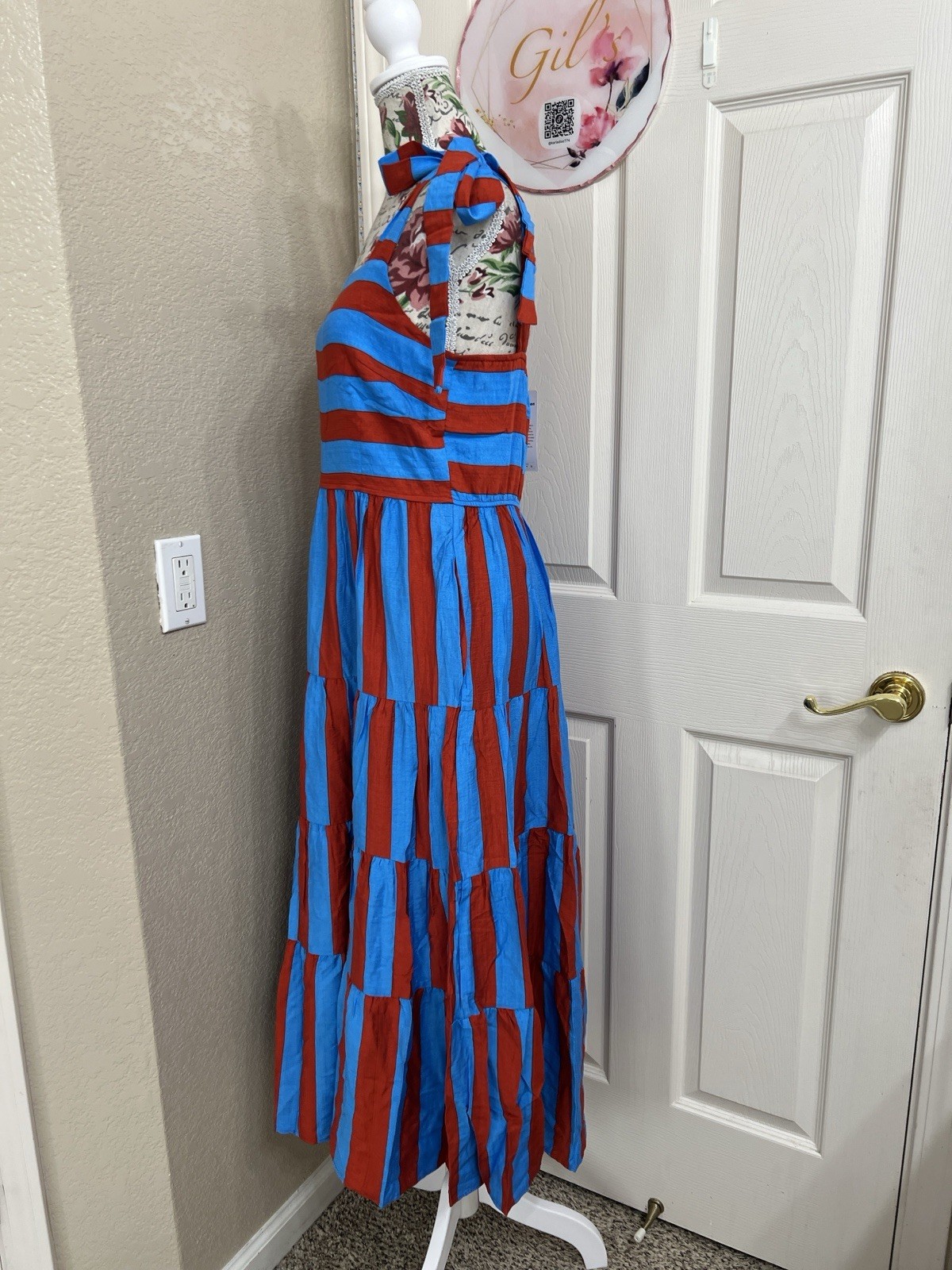 PrettyGarden Striped Tie-Shoulder Maxi Dress In Blue & Red Size Small NWT
