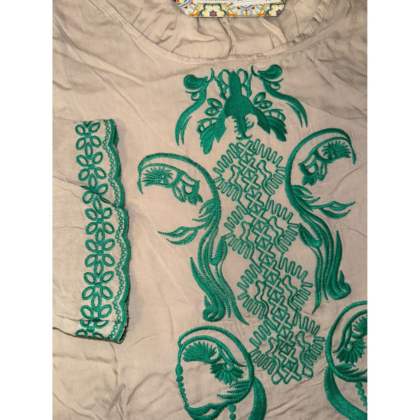 Urban Mango Women Beige Green Embroidered Cotton Tunic Dress Large NEW