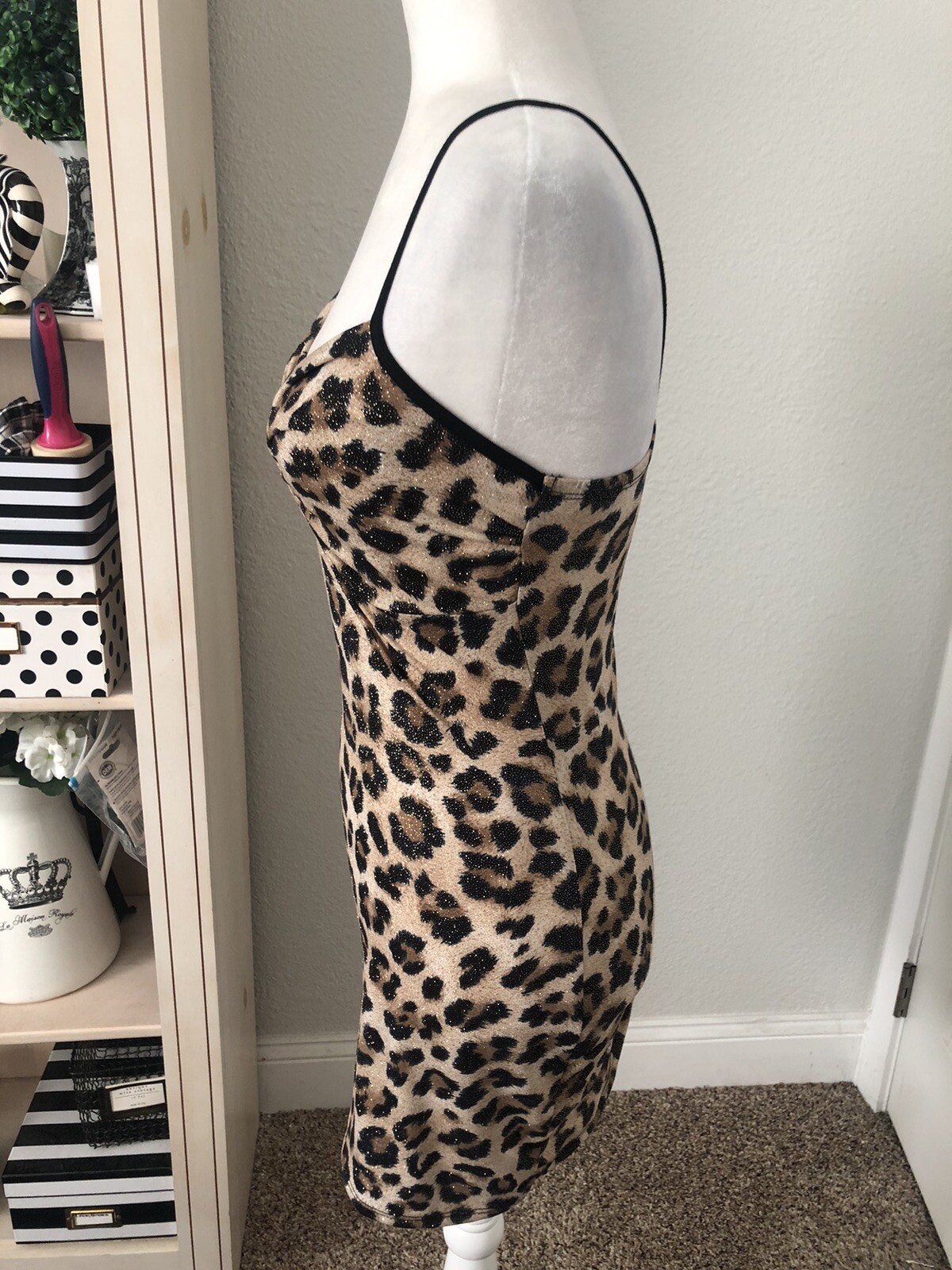 Brown Black Gold Glitter XS/S LEOPARD ANIMAL PRINT Mini SLIP DRESS Bodycon Knit