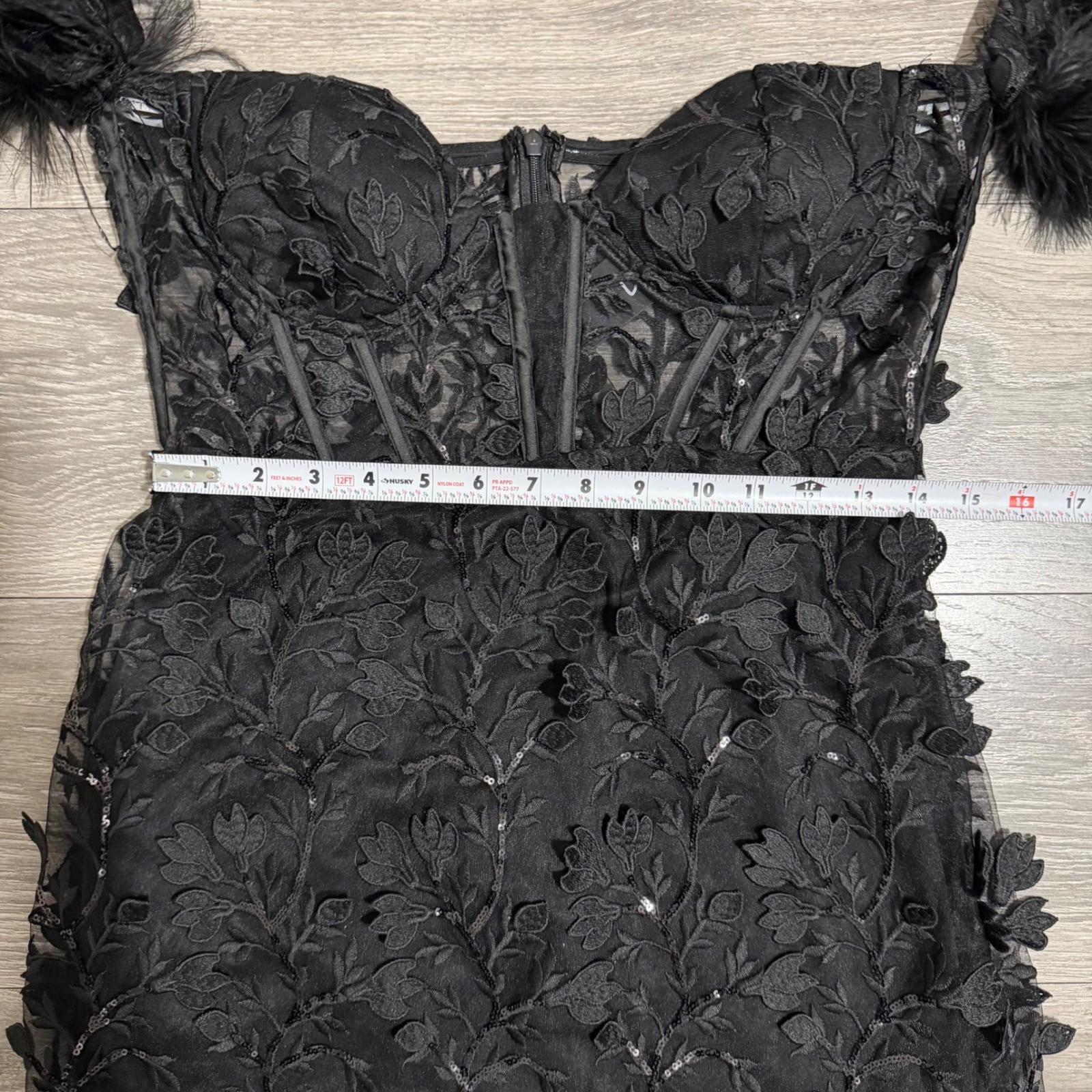 Goth Corset Mini Dress XL Black Sequin Embroidered Feather Off-the-Shoulder Glam