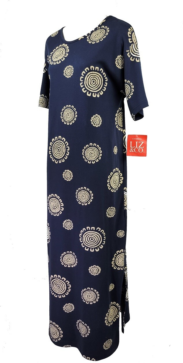 NWT Liz & Co Liz Claiborne Navy primitive print Women’s Navy Maxi Dress Sz L