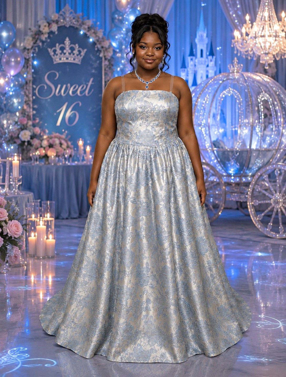#23-14 Cinderella Blue & Silver Brocade Corset Gown Plus 24