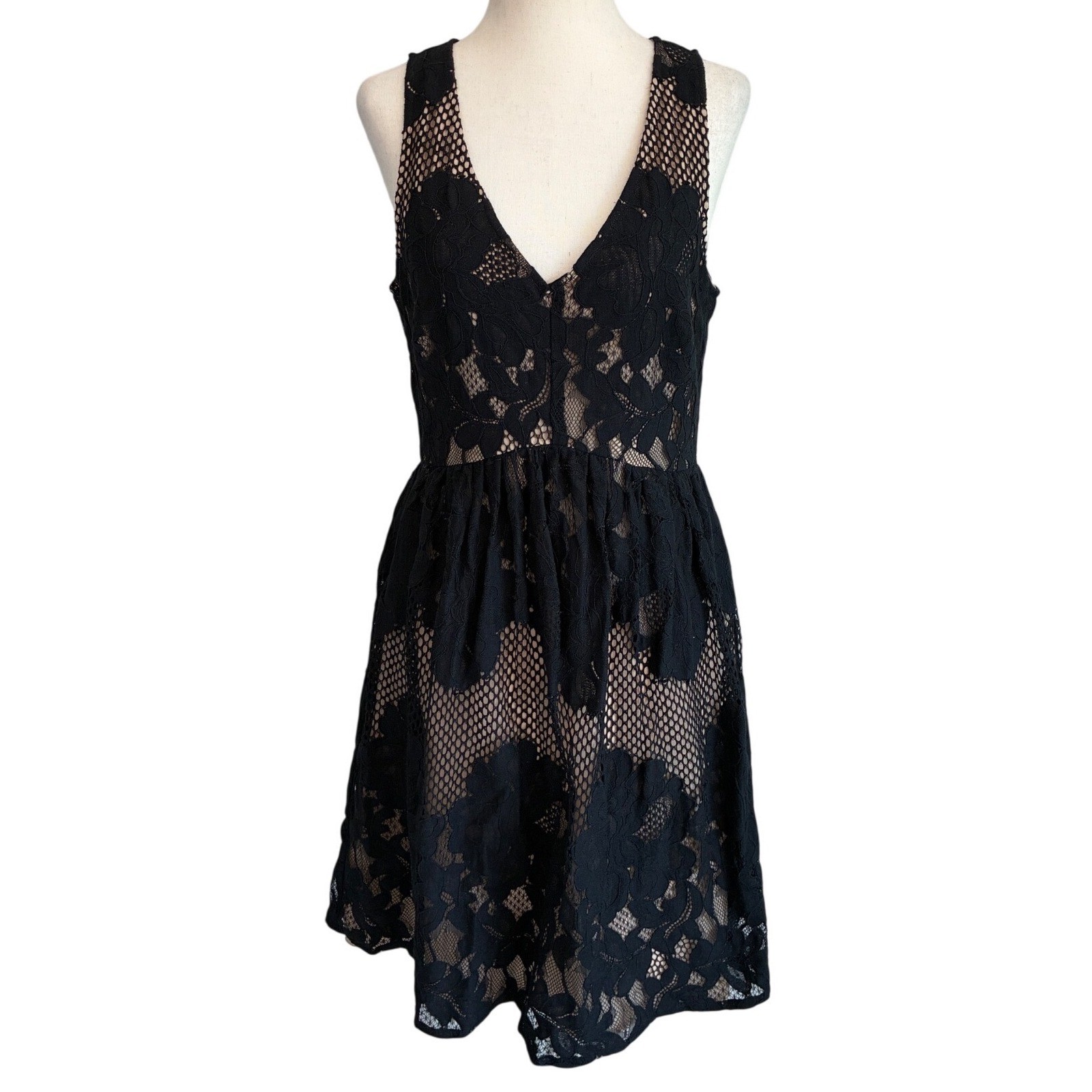 Ali & Jay Black Floral Lace Mesh V-Neck Fit & Flare Mini Dress Nude Lining M