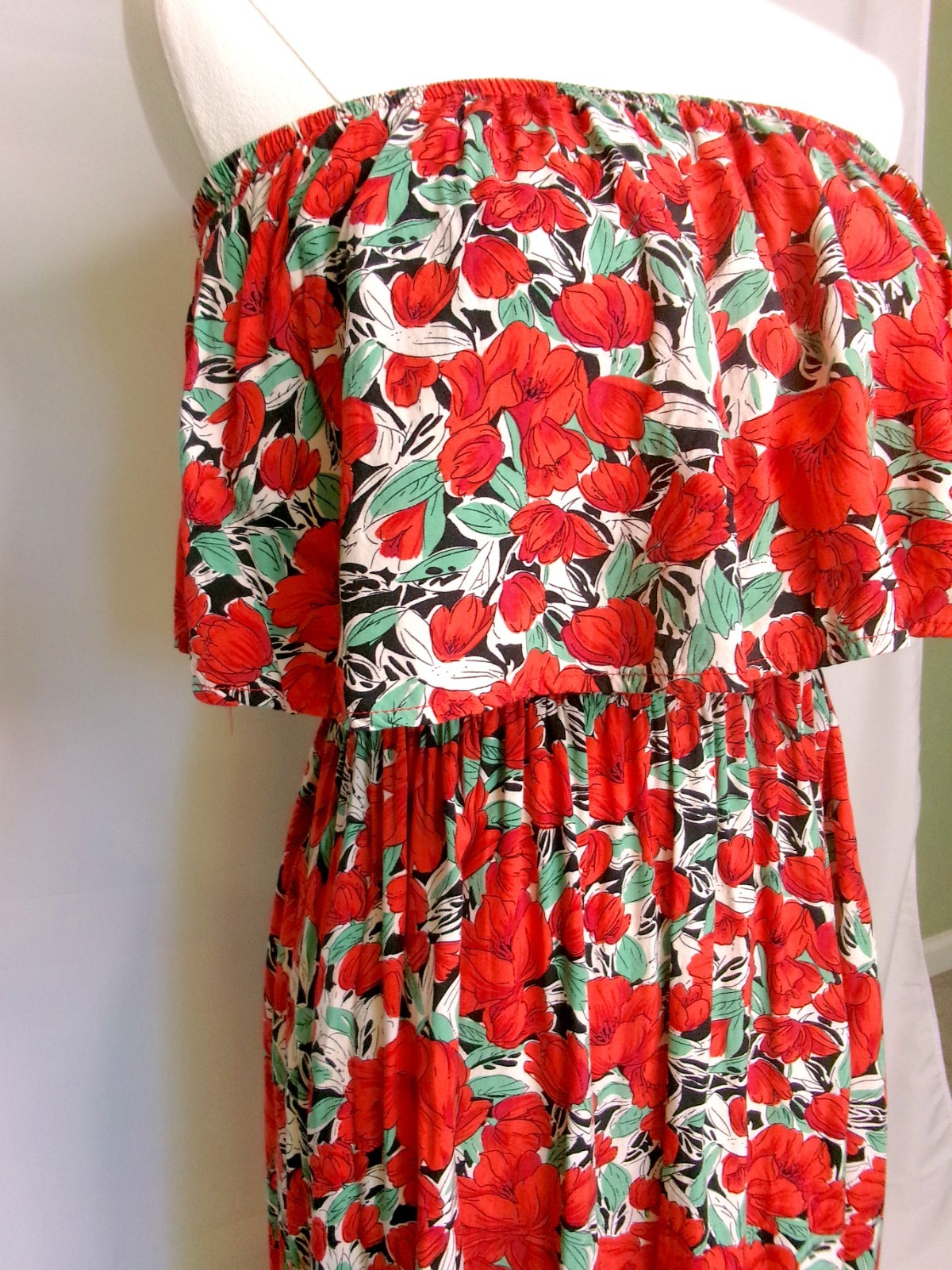 Strapless Floral Maxi Dress Boho Tropical Red Floral Tube Dress S