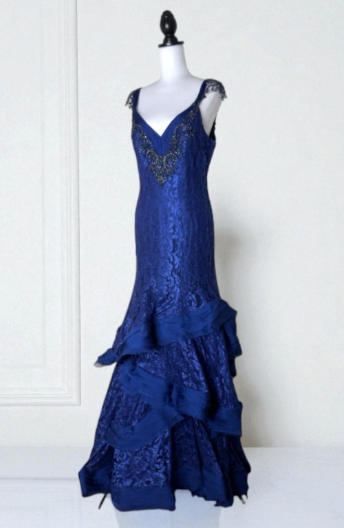 Mac Duggal Iridescent Ruffle Sequin Beads Ruffle Maxi Mermaid Lace 10 Blue Dress