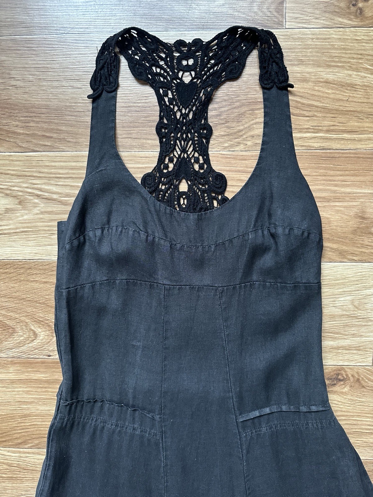 Didier Parakian Vintage Black Linen Maxi Dress Crochet Lace Y2K Gothic Sz 38