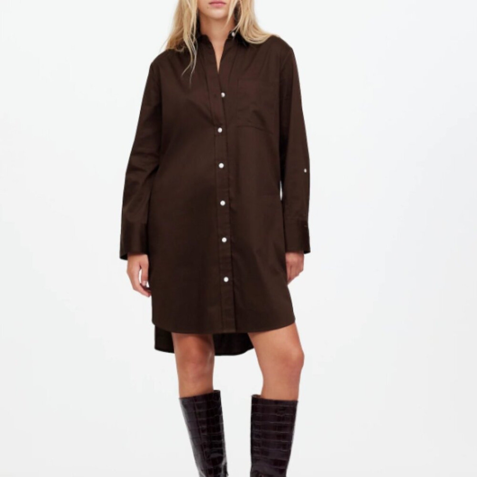 Madewell Dress Womens Y-Neck Relaxed Shirtdress Brown Sateen Size S