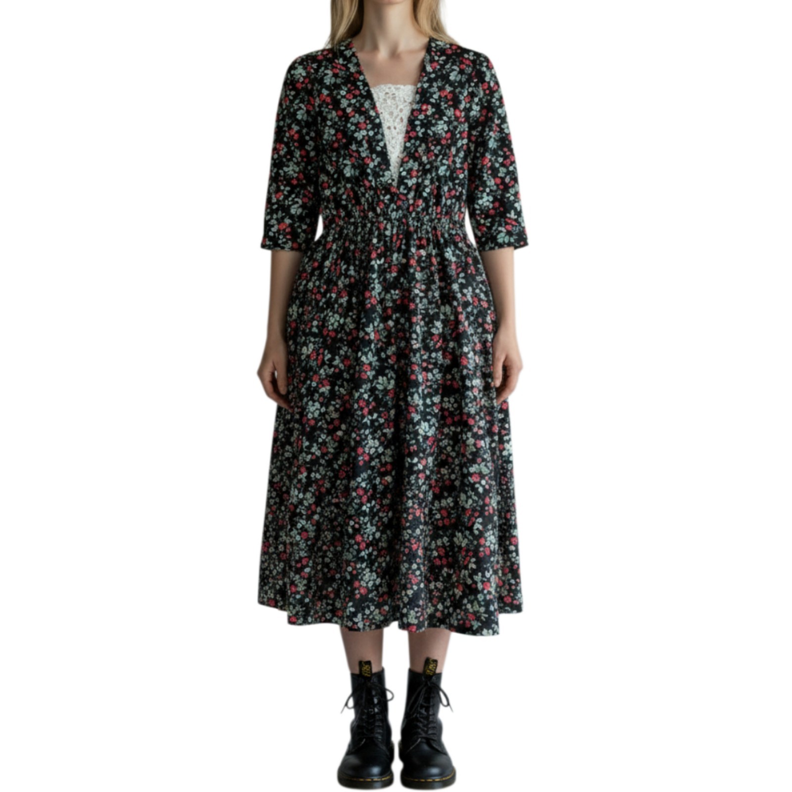 Vintage 90s Floral Midi Dress Size L White Lace Trim V-Neck Whimsigoth Grunge