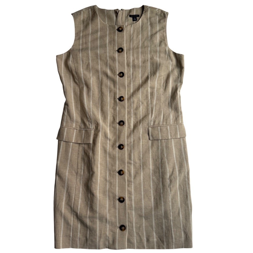 Ann Taylor Tan Striped Linen Blend Button Front Shift Dress 8P Womens Petite