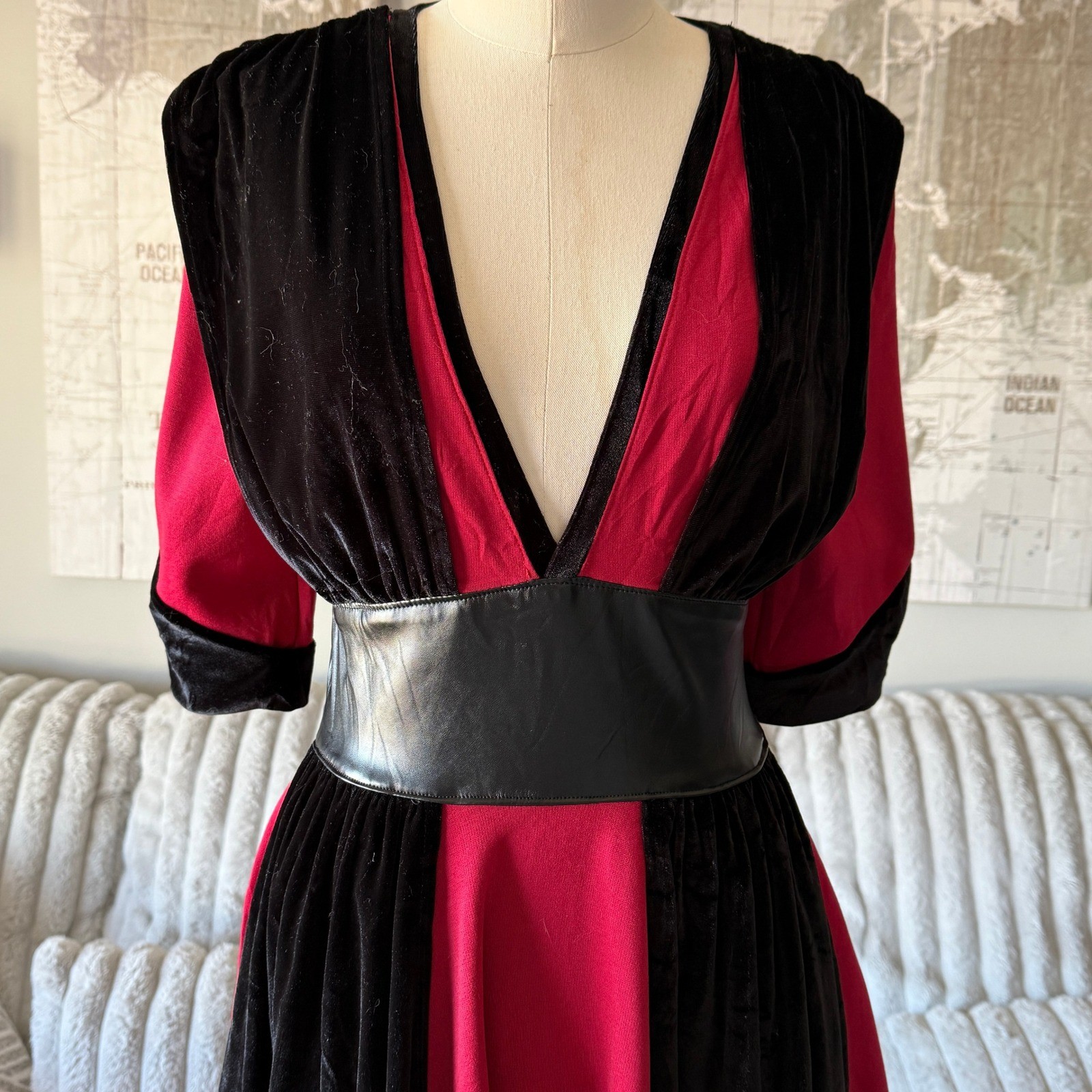 Elhoffer Design Galactic Empress Red Black Velvet Vinyl Midi Dress Womens Medium